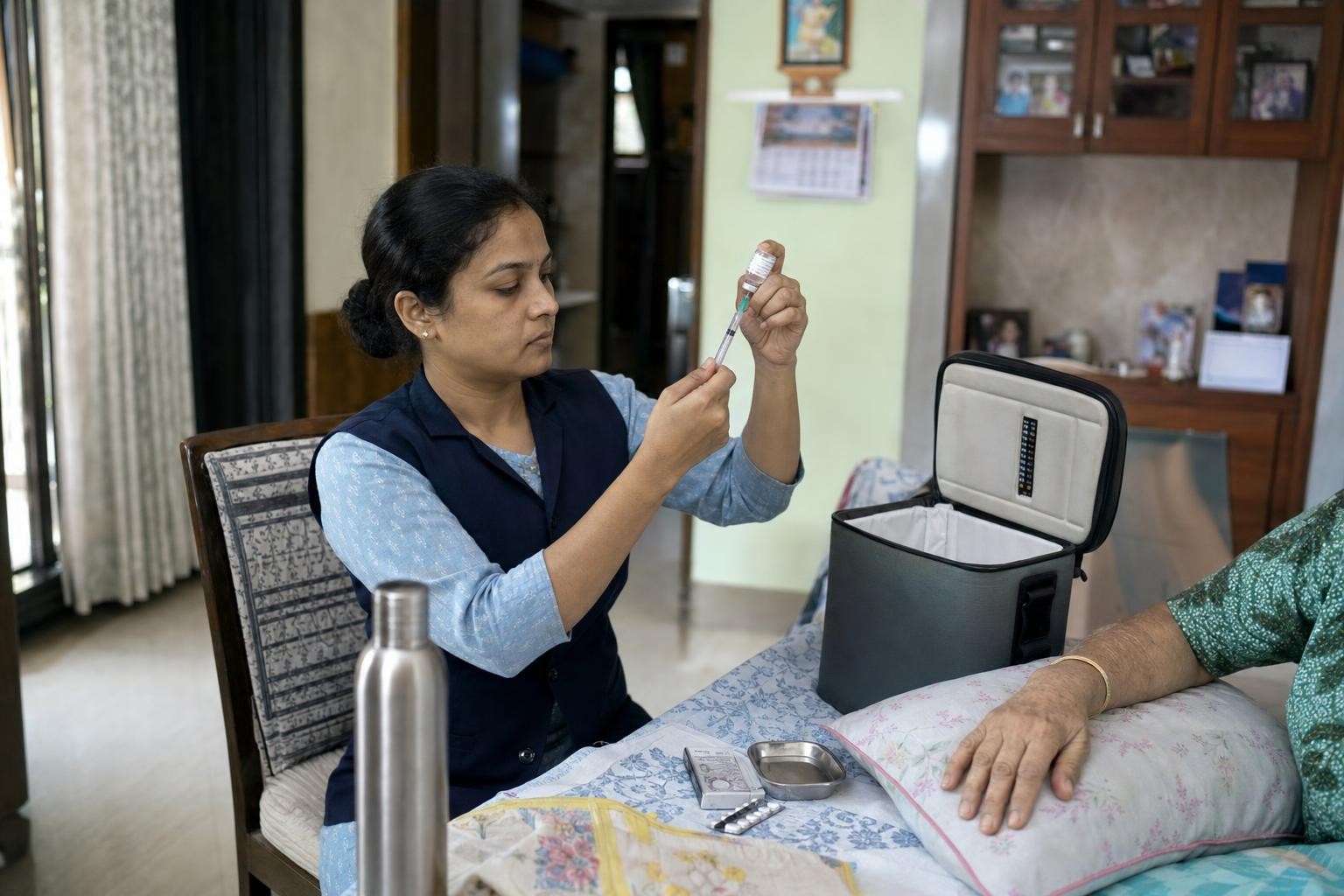A nurse drawing a dose from a vaccine vial at a bedside table with a cold-chain carrier bag open nearby