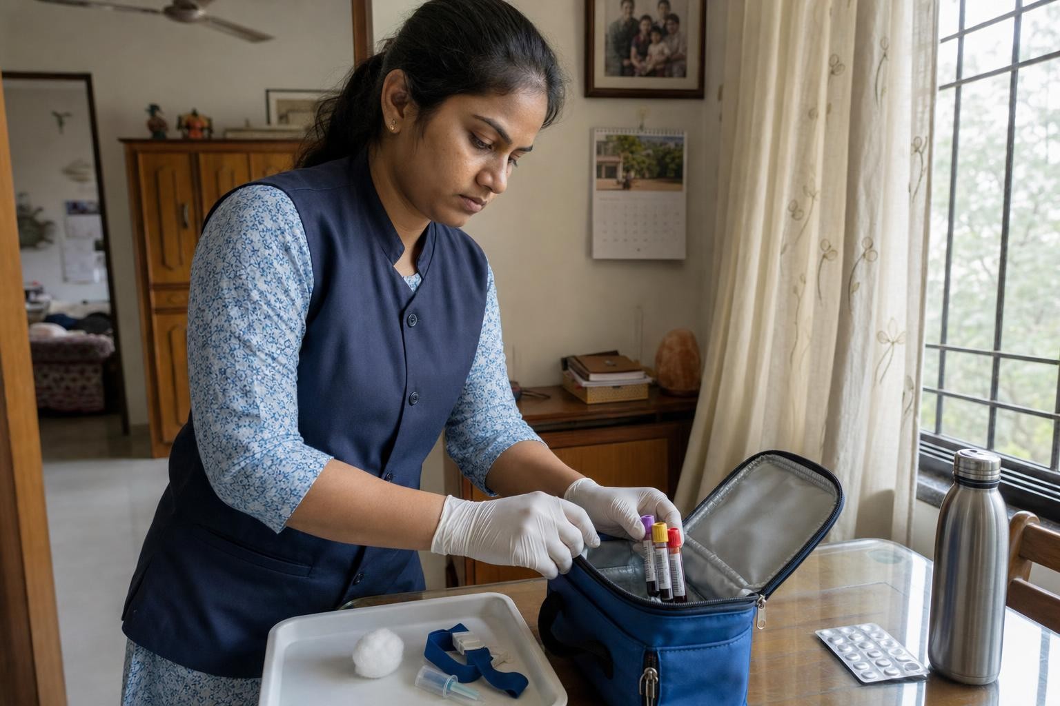 A phlebotomist placing labelled blood sample tubes into a small insulated carrier bag