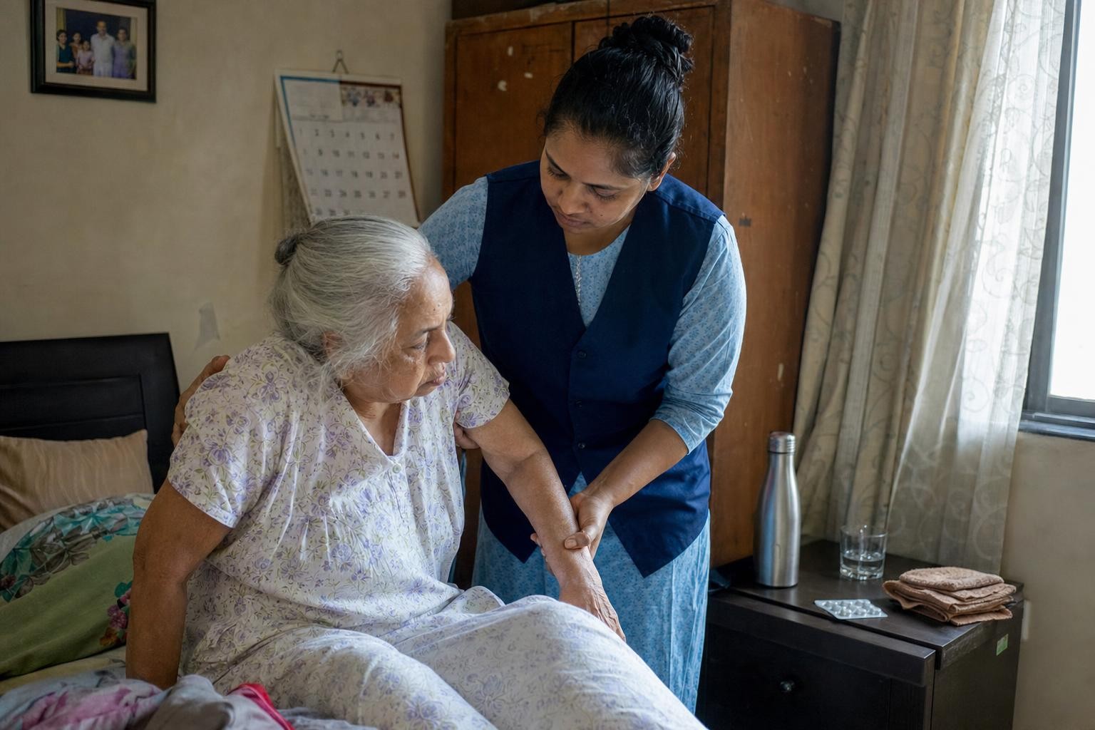 A caregiver supporting an elderly patient's weak arm under the elbow and shoulder while helping them sit up