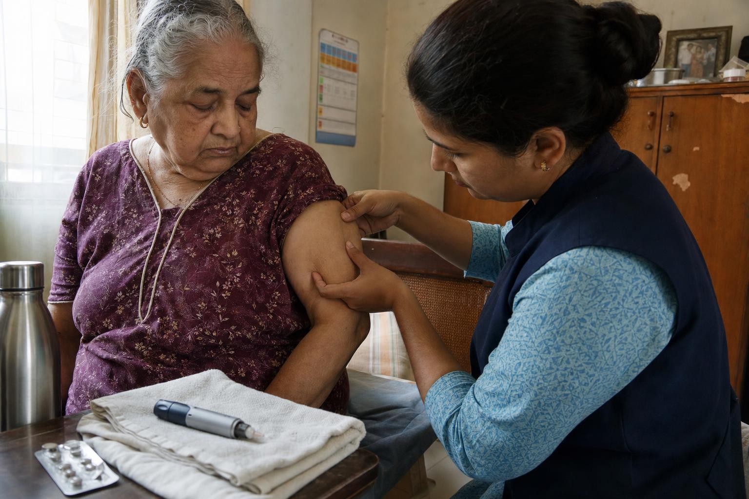 A hand pinching a fold of skin on an upper arm before an insulin injection, a small insulin pen resting on a clean towel nearby