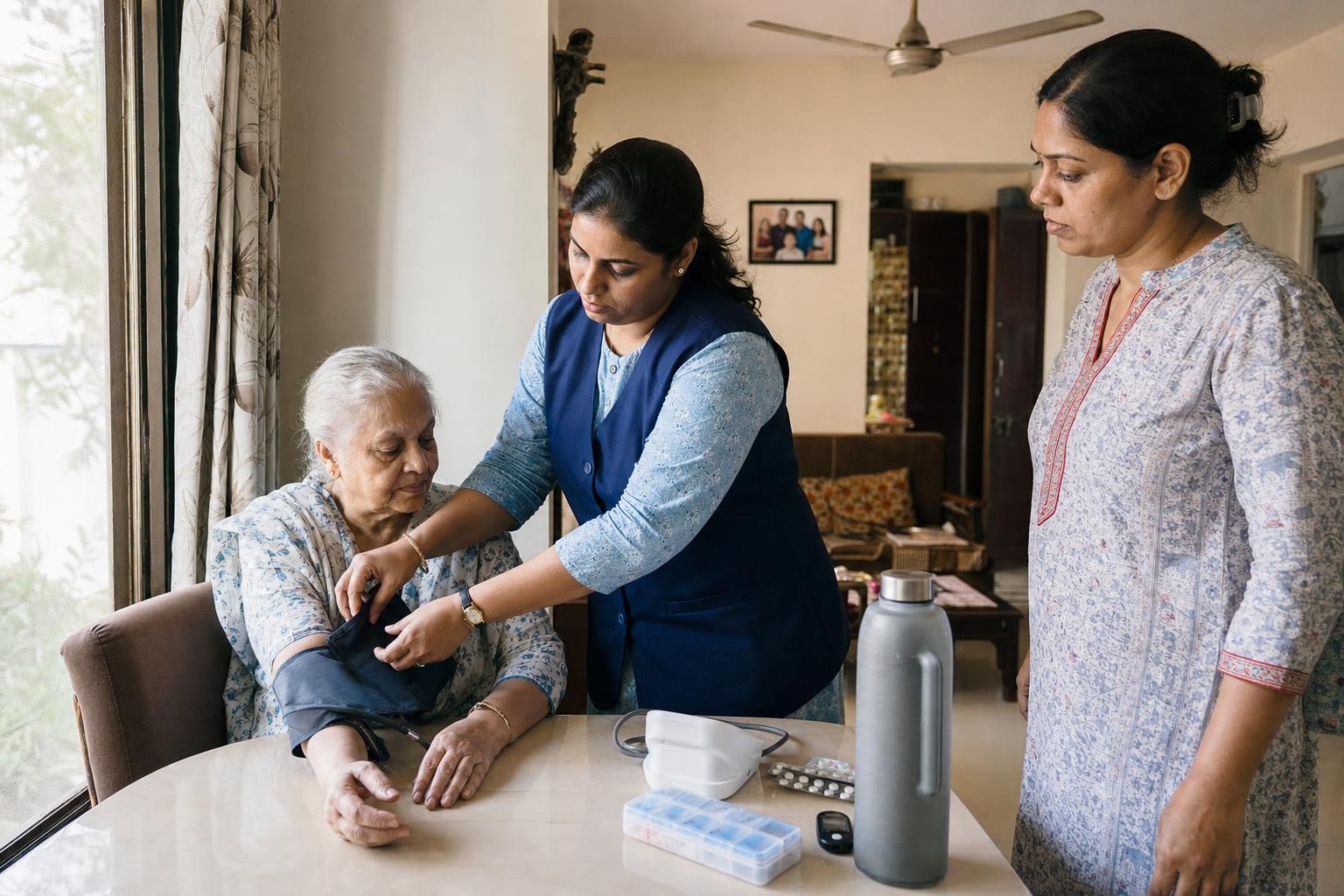 A nurse checking an elderly woman's blood pressure at a dining table while a family member looks on