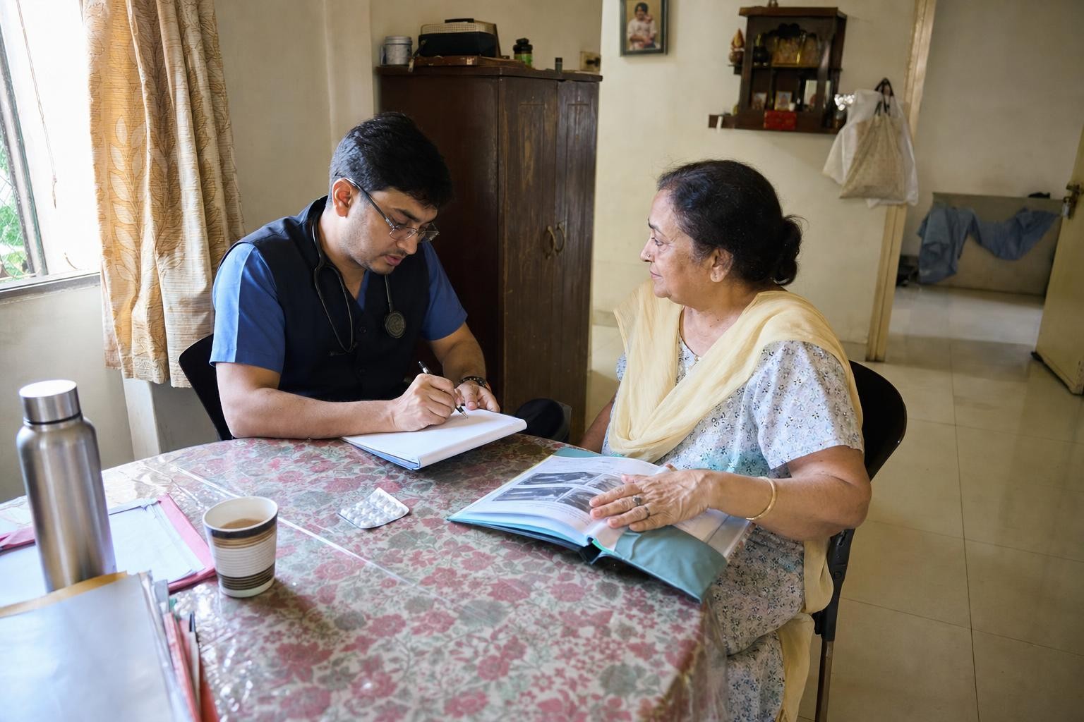 A doctor writing a prescription at a dining table while a woman sits across from him with a folder of reports open