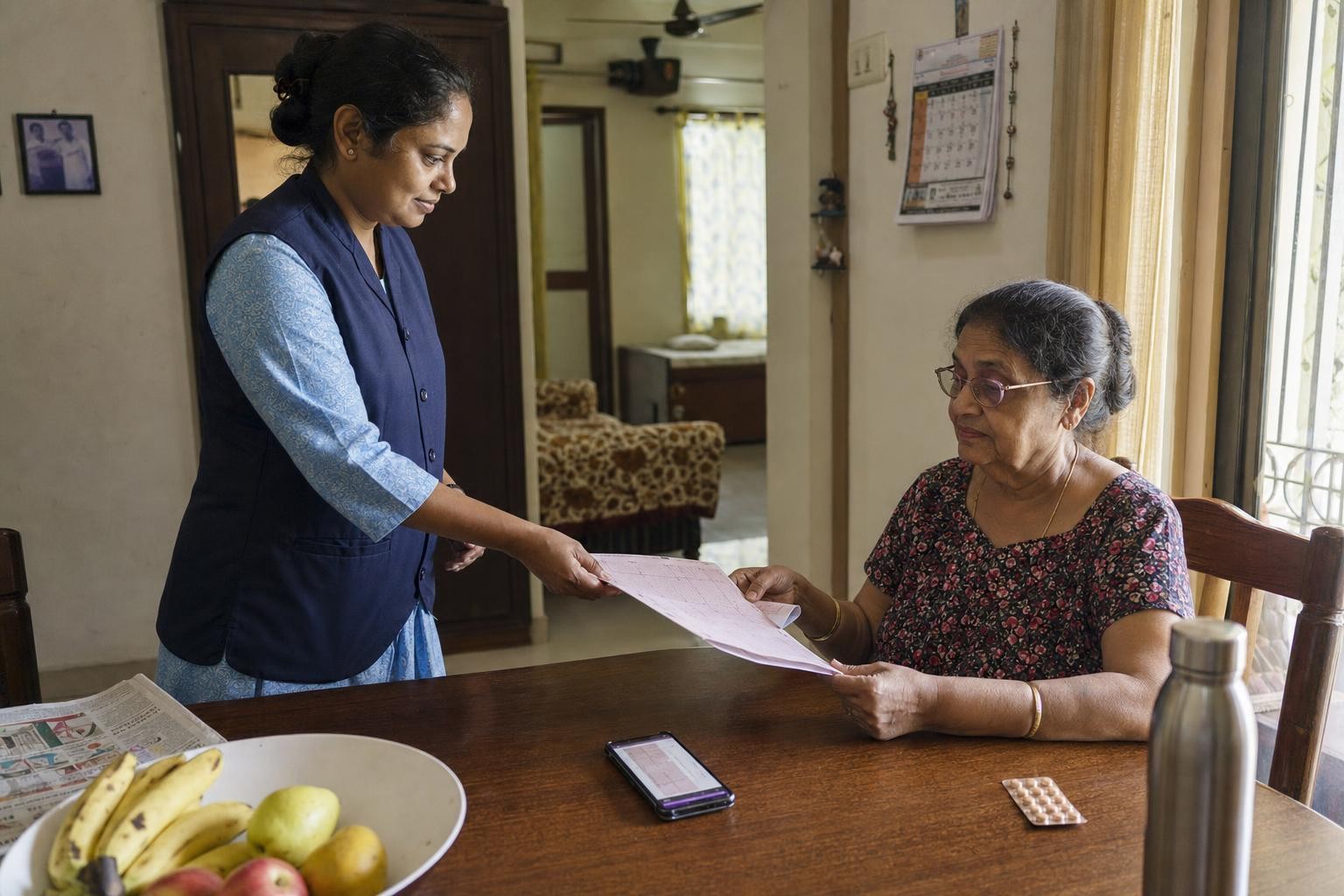 A resting ECG report being handed across a dining table to an elderly woman, a phone showing the digital version beside it