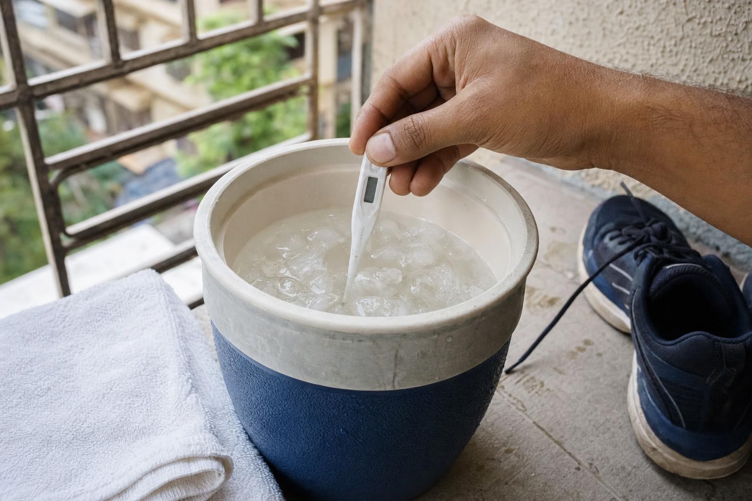 A thermometer being checked in a tub of ice water on a Mumbai balcony before a runner steps in