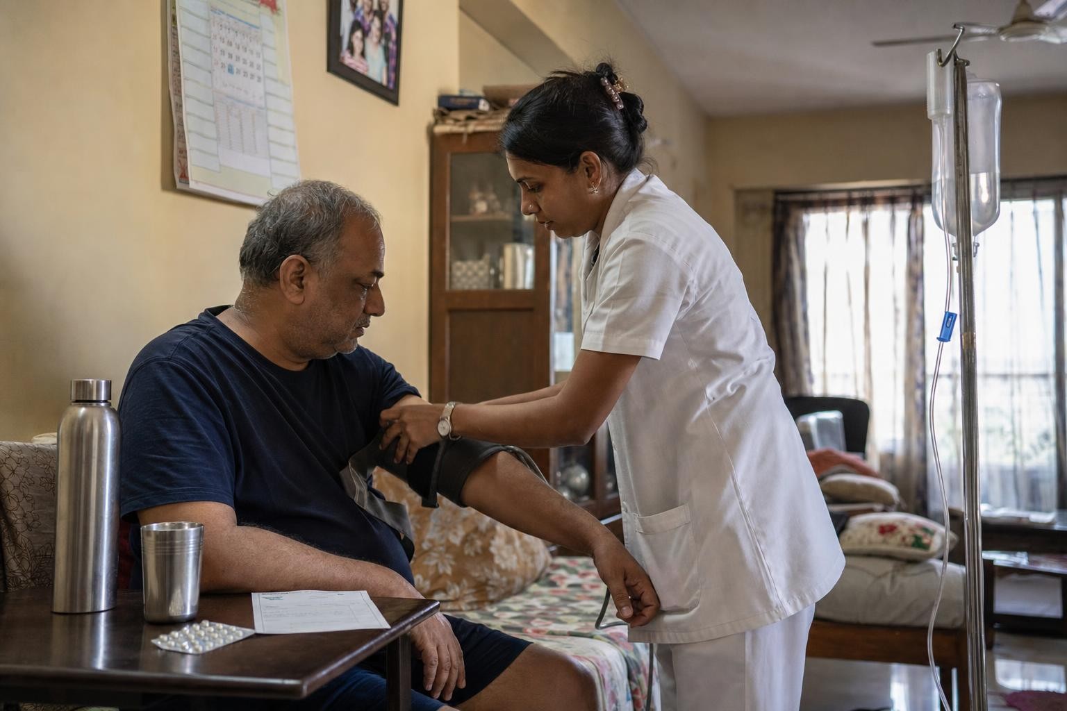 A nurse checking a patient's blood pressure with the IV drip running in the background