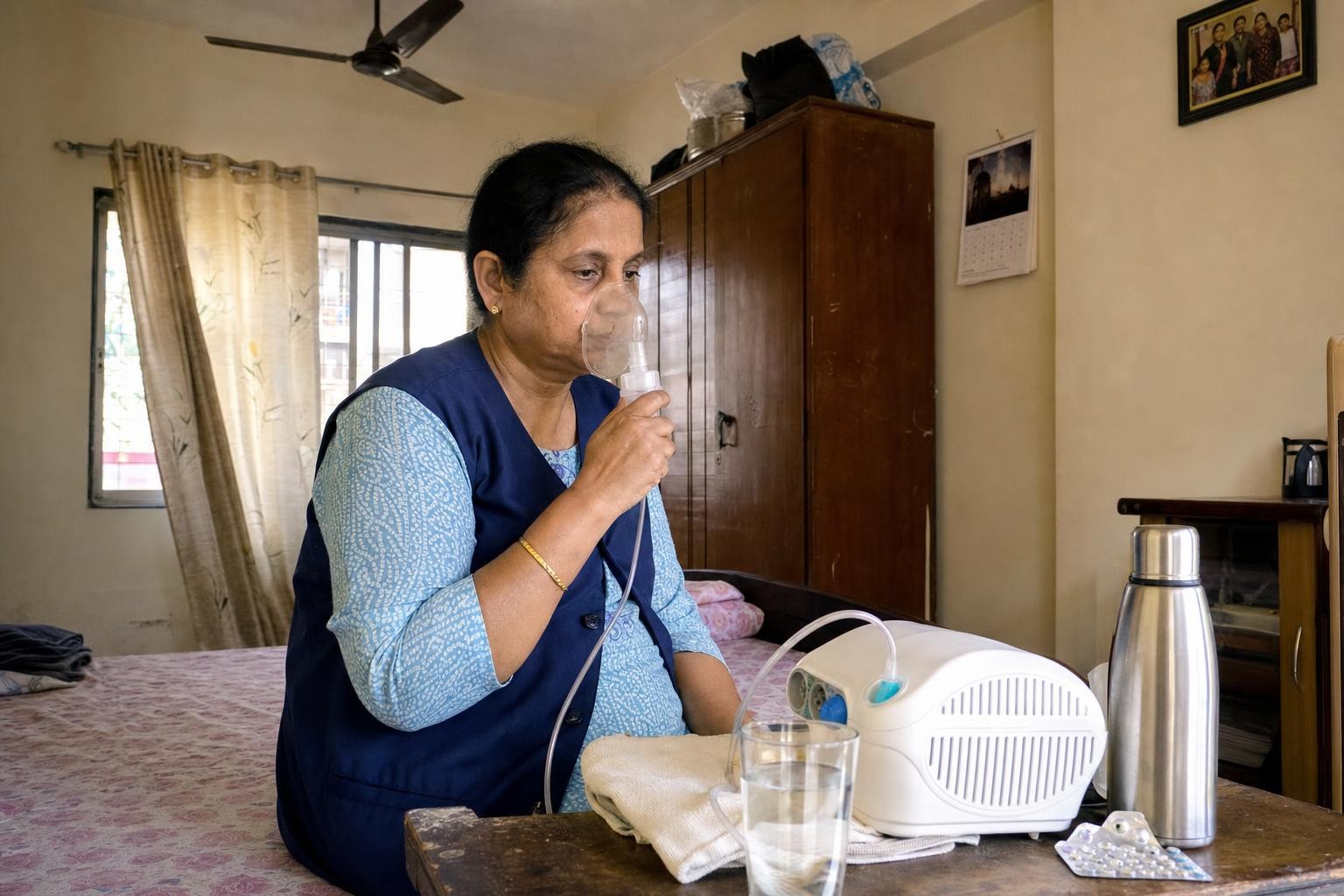 A portable nebuliser machine on a bedside table with tubing running to a mask, a small chamber of medicine visible inside