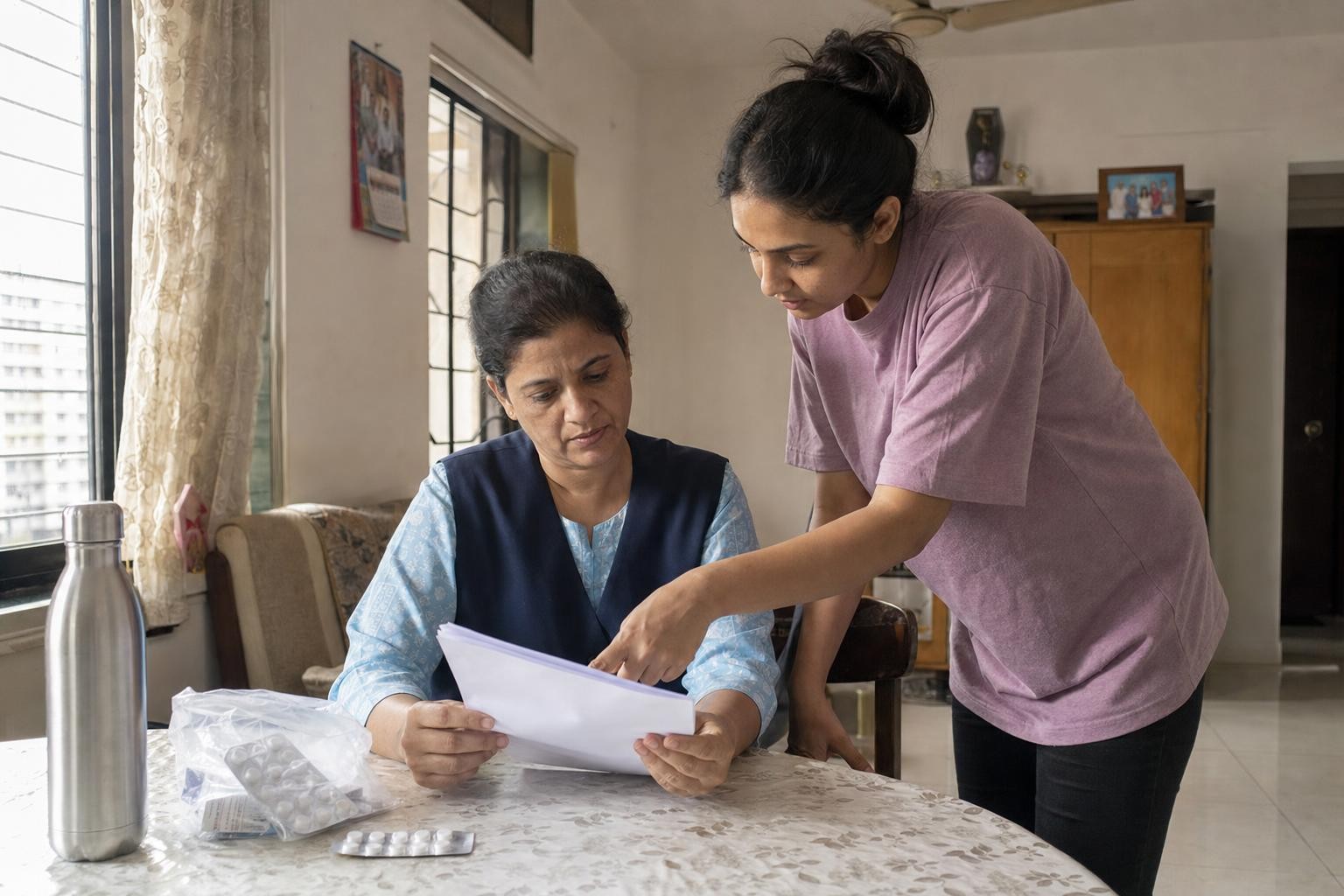 A nurse reading a discharge summary at a dining table while a family member points to a line on the page
