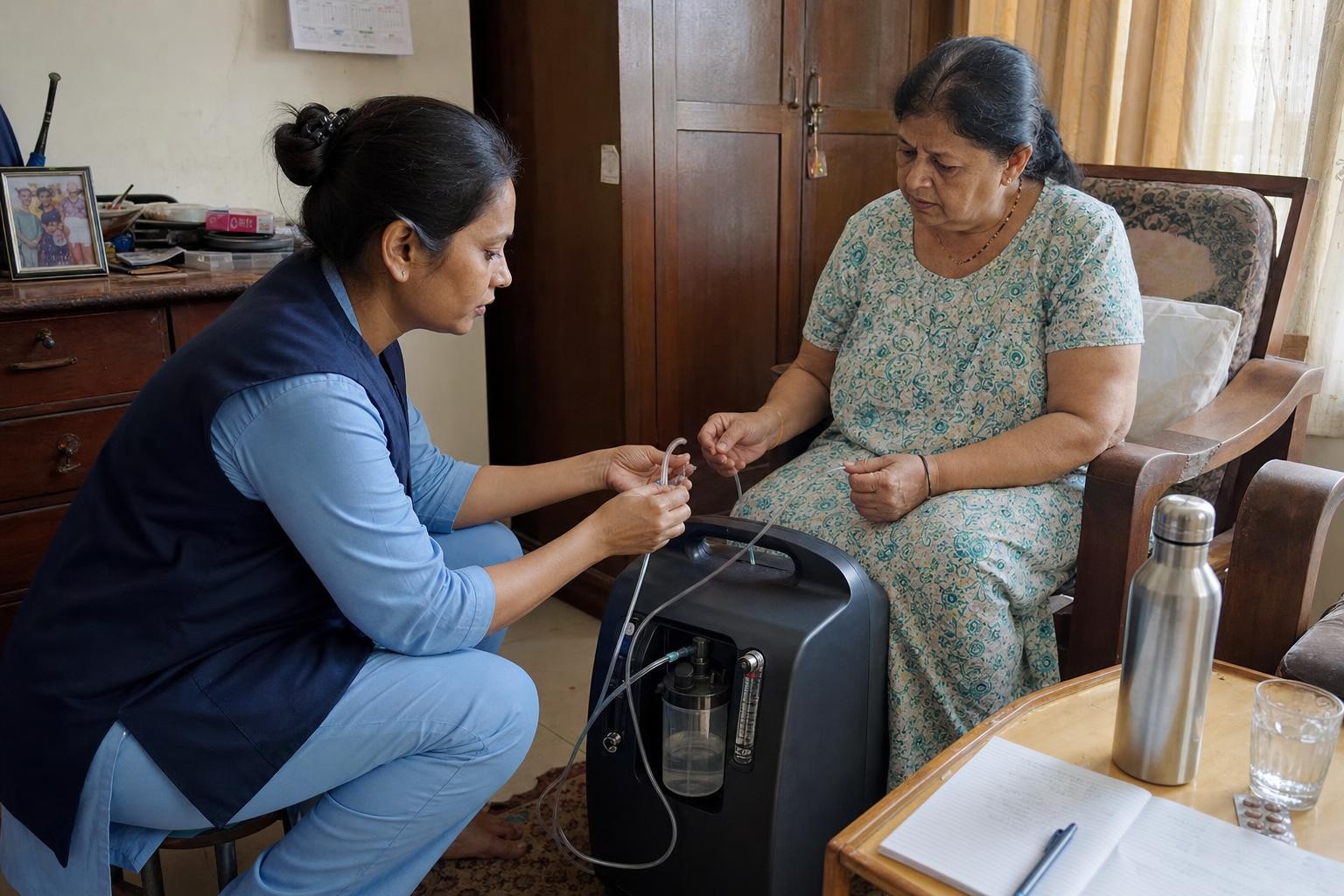 A nurse demonstrating the tubing and nasal cannula setup on an oxygen concentrator to a family member