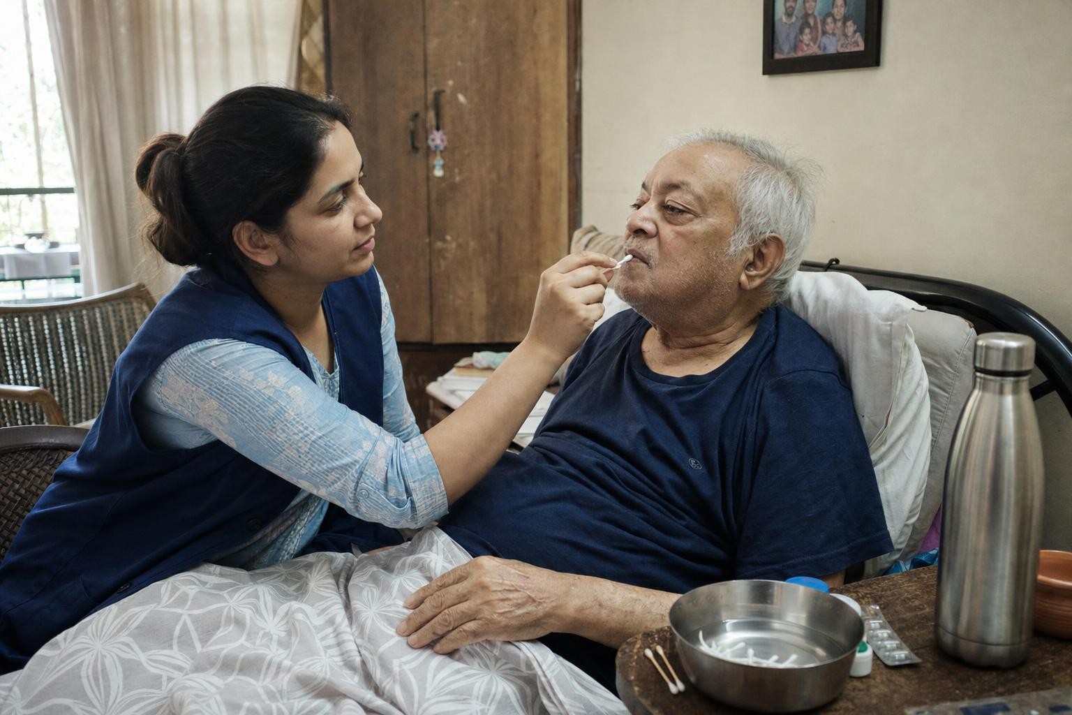 A caregiver gently moistening an elderly man's lips with a damp cotton swab while he rests in bed