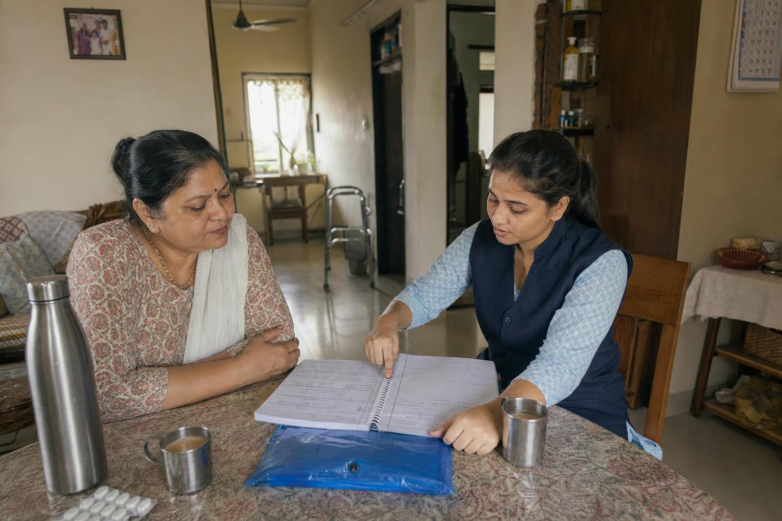 A daughter and a nurse at a dining table going through a notebook together, a discharge folder and a cup of tea beside them