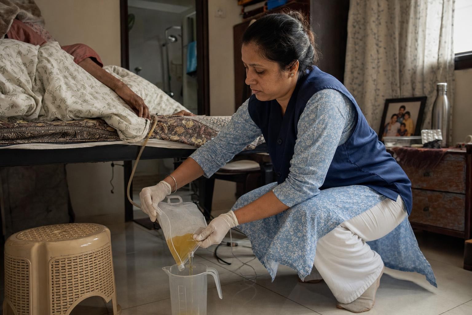 A gloved hand tipping a urine drainage bag into a measuring jug beside a bed