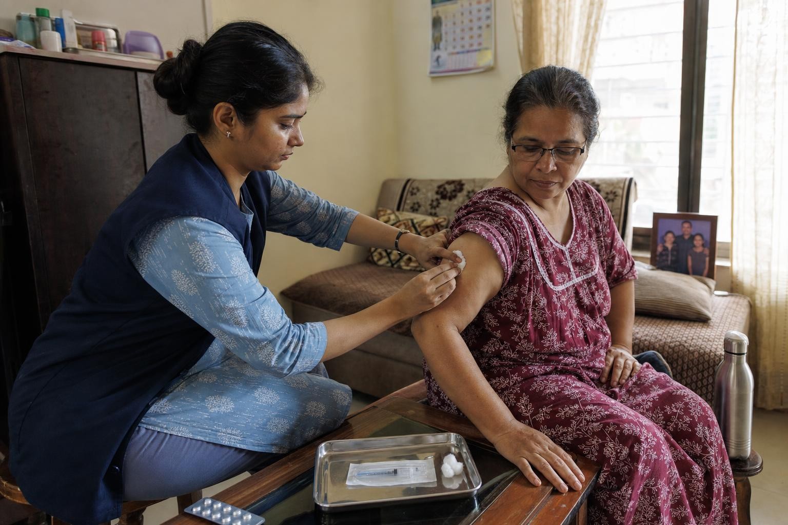 A nurse swabbing a patient's upper arm with an alcohol wipe before an injection